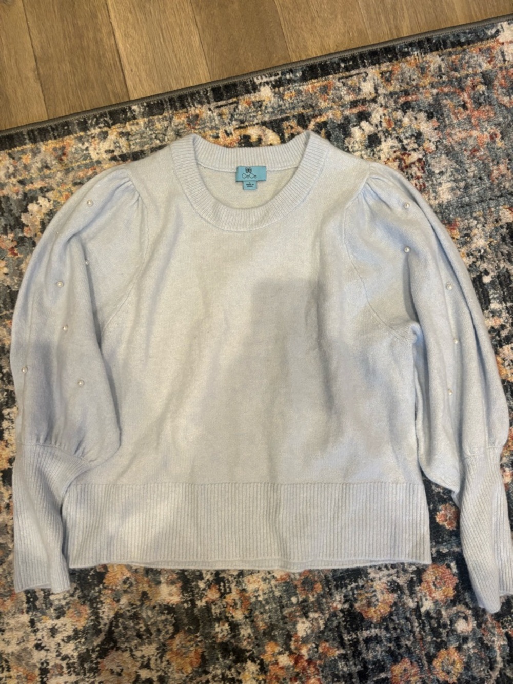 CeCe Pale Blue Pearl-Accent Puff Sleeve Sweater